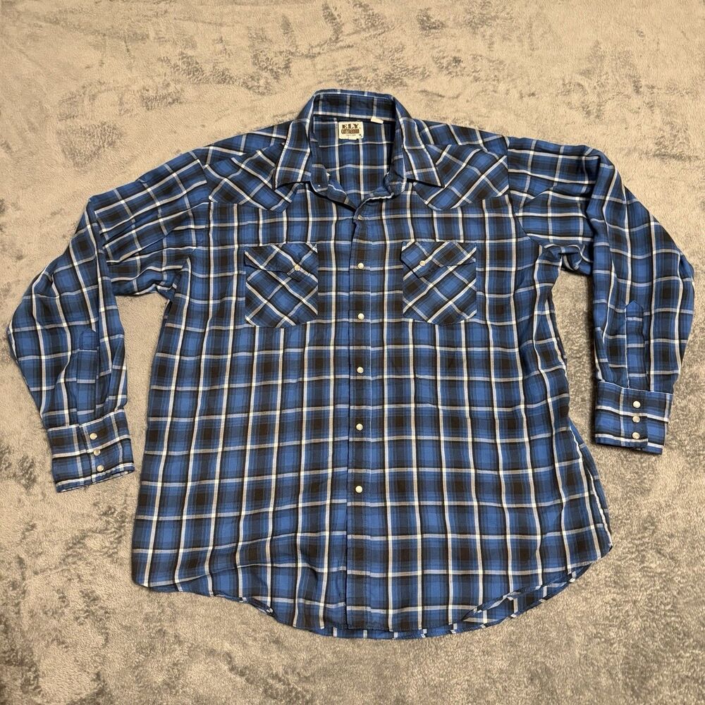 Ely Cattleman Men's Vintage Western Pearl Snap Size XL Blue Black‎ Plaid